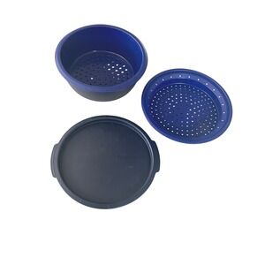 Tupperware Microwave Multi Cooker Steamer Blue 3 Pc Set w/ Lid & Inserts